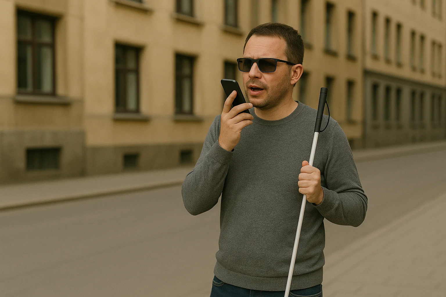 Blinder Mann mit weissem Stock, der auf einer Strasse in der Stadt in sein Handy spricht